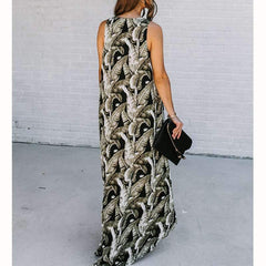 Fashion Print V neck Irregular Sleeveless Maxi Dresses
