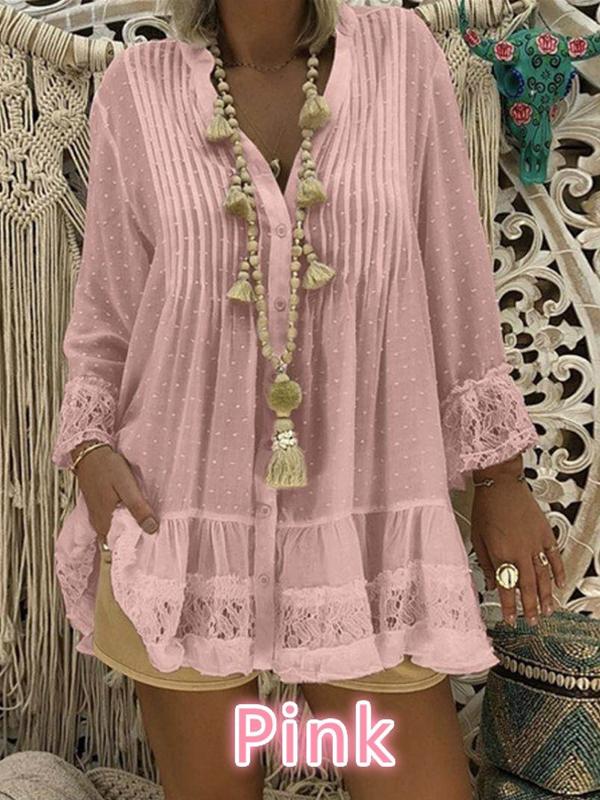 V Neck Long Sleeve Chiffon Lace Hem Blouse