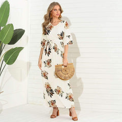 Fashion Print Round neck Half sleeve Maxi Dresses