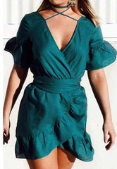 Fashion Pure V neck Short sleeve Falbala Lacing Skater Dresses