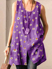 Casual Loose Round neck Print Vent Sleeveless Blouses