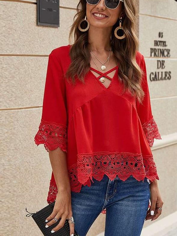 Fashion Pure V neck Lace Hollow out Half sleeve Blouses