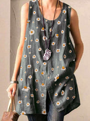 Casual Loose Round neck Print Vent Sleeveless Blouses
