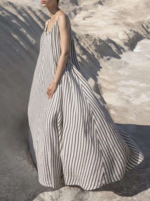 Casual Loose Stripe V neck Sleeveless Vest Maxi Dresses