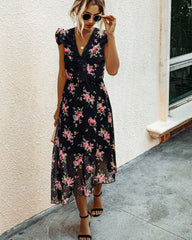 Fashion Print V neck Sleeveless Skater Maxi Dresses