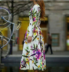 Fashion Print Round neck Long sleeve Skater Maxi Dresses