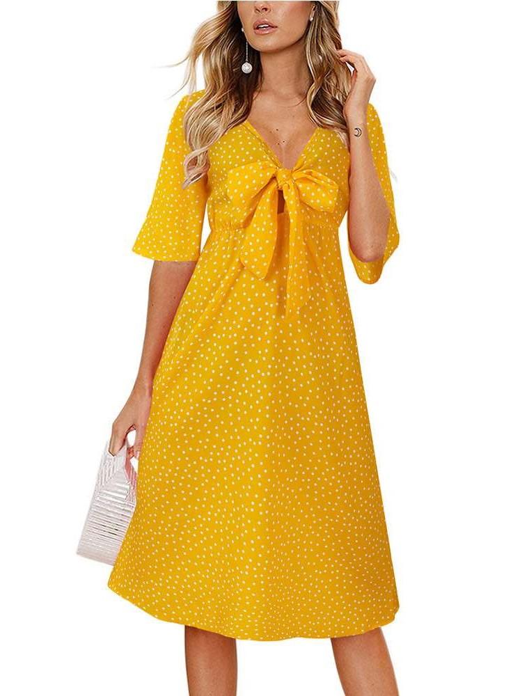 Fashion Point print V neck Bowknot Short sleeve Maxi Dresses