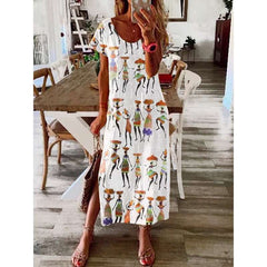 Fashion Print Round neck Short sleeve Maxi Dresses