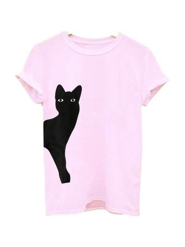 Women Casual Cat Print Cotton T-Shirts