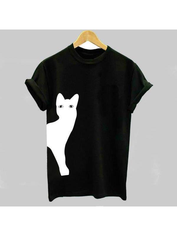 Women Casual Cat Print Cotton T-Shirts