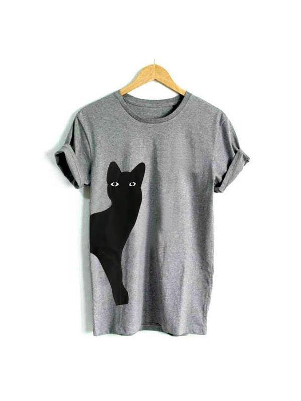 Women Casual Cat Print Cotton T-Shirts