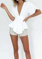 Bowknot Decorated Short Sleeve White Blouse