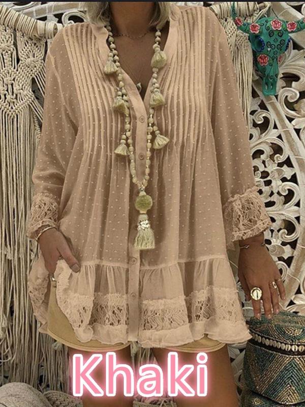 V Neck Long Sleeve Chiffon Lace Hem Blouse