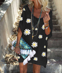 Casual Loose Print V neck Half sleeve Shift Dresses