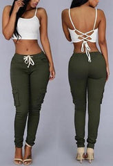 Drawstring Waist Pocket Design Skinny Long Cargo Pants