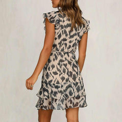 Fashion Leopard print Lacing Falbala Skater Dresses