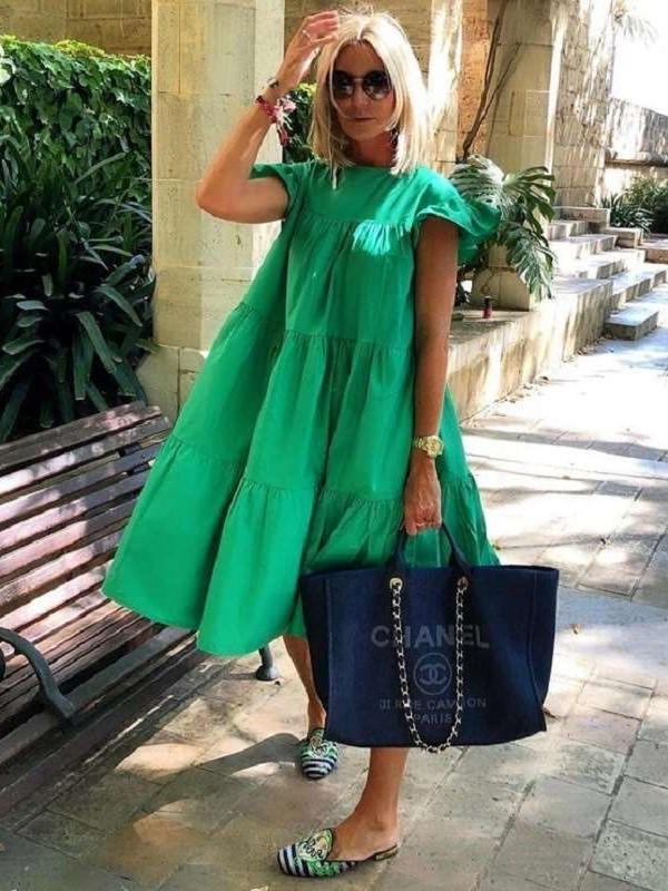 Casual Loose Pure Round neck Short sleeve Falbala Shift Dresses