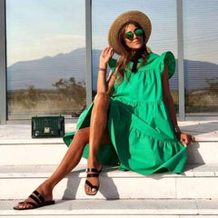 Casual Loose Pure Round neck Short sleeve Falbala Shift Dresses