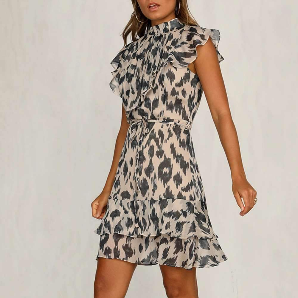 Fashion Leopard print Lacing Falbala Skater Dresses