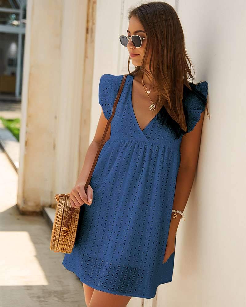 Fashion Casual Loose Hollow out V neck Falbala Shift Dresses