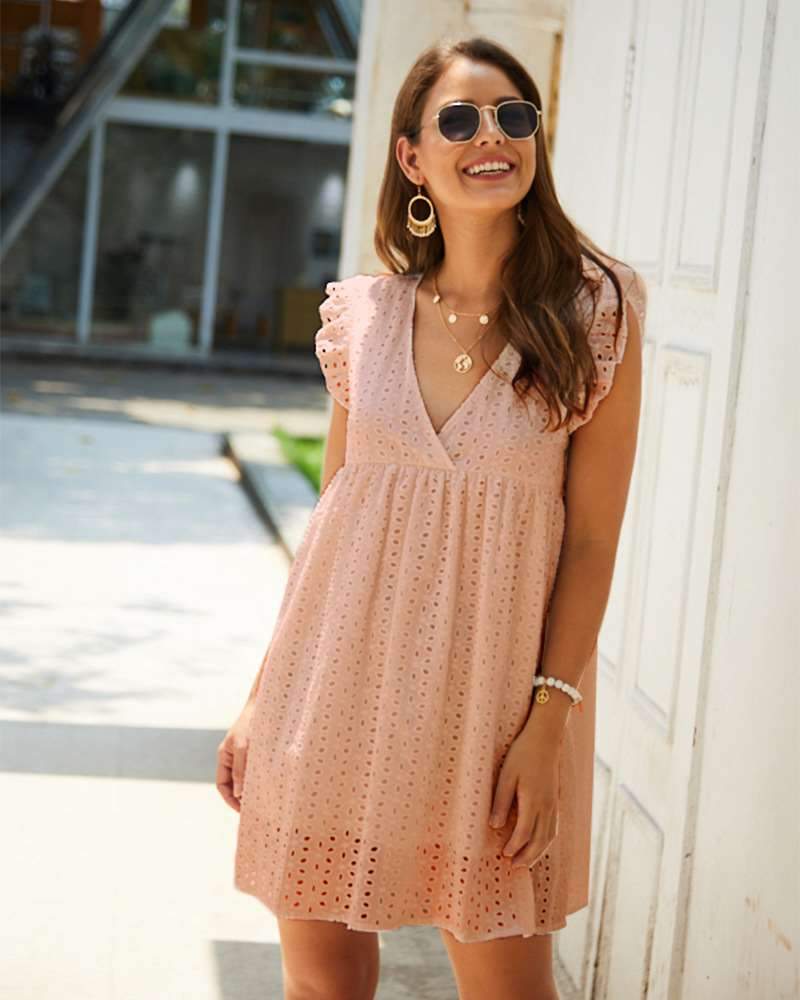 Fashion Casual Loose Hollow out V neck Falbala Shift Dresses