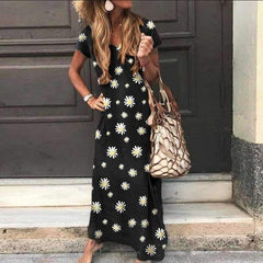 Fashion Print V neck Short sleeve Maxi Dresses