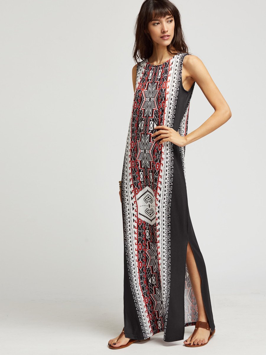 Ethnic Print Side Slit Maxi Dress