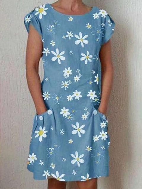 Fashion Print Round neck Short sleeve Pocket Shift Dresses
