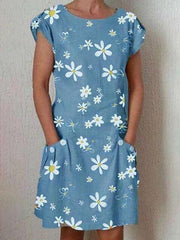 Fashion Print Round neck Short sleeve Pocket Shift Dresses