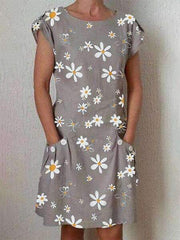 Fashion Print Round neck Short sleeve Pocket Shift Dresses