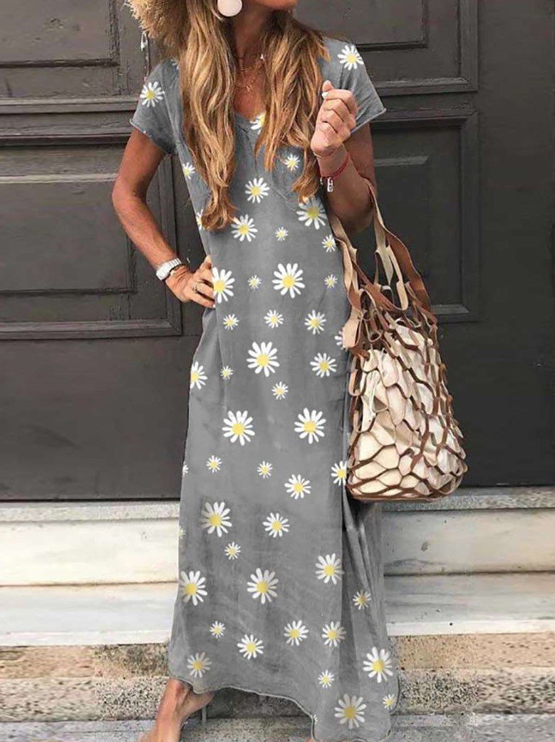 Fashion Print V neck Short sleeve Maxi Dresses