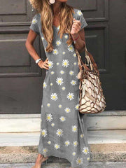 Fashion Print V neck Short sleeve Maxi Dresses