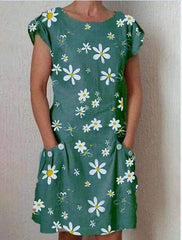 Fashion Print Round neck Short sleeve Pocket Shift Dresses