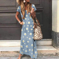 Fashion Print V neck Short sleeve Maxi Dresses