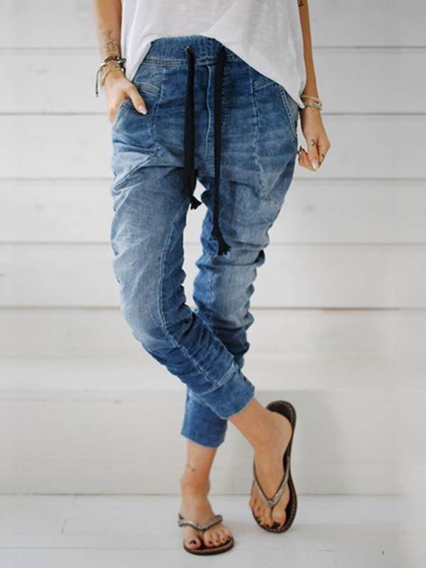 Fashion Denim tie waist trousers long pants