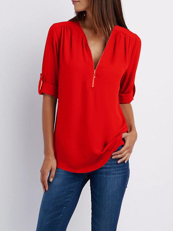 Fashion Loose Daily Chiffon Long Sleeve V Neck Blouses