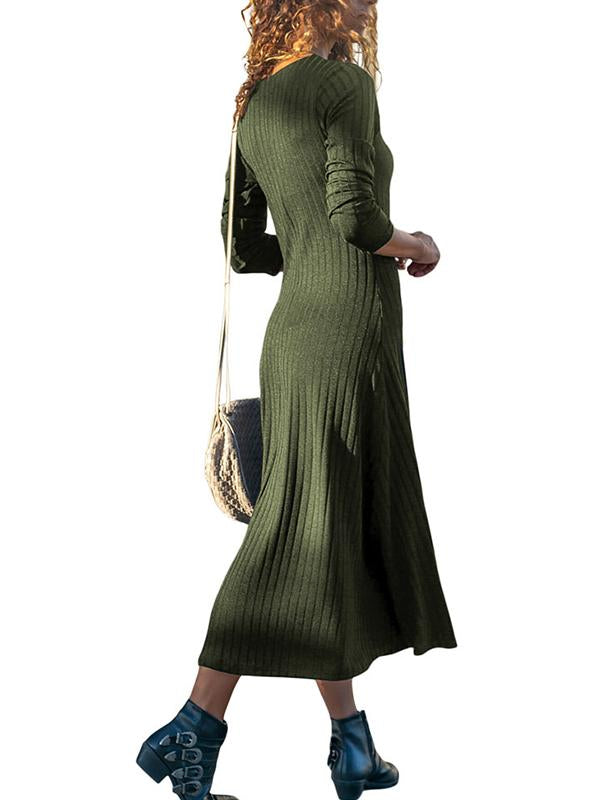 V-Neck Long Sleeve Plain Knit Woman Maxi Dress