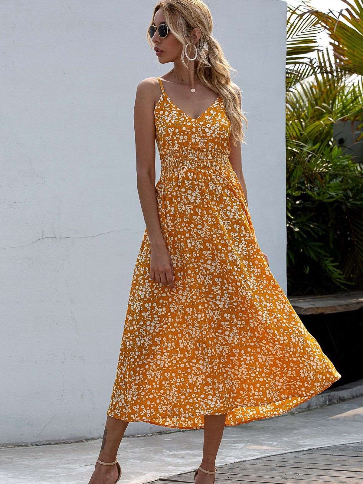 Fashion Print V neck Vest Skater Maxi Dresses