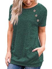 Round Neck Plain Button decorate Short Sleeve T-shirt