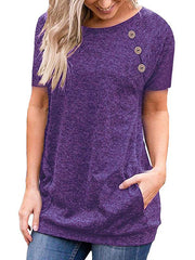 Round Neck Plain Button decorate Short Sleeve T-shirt