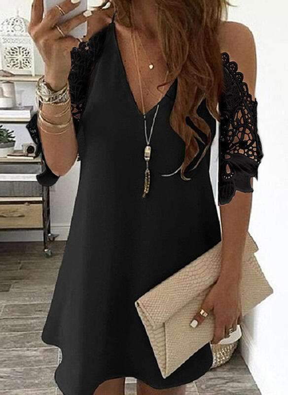 Sexy Lace Pure Off shoulder V neck Half sleeve Shift Dresses