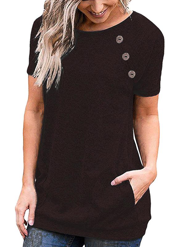 Round Neck Plain Button decorate Short Sleeve T-shirt