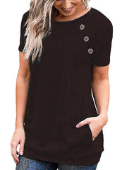 Round Neck Plain Button decorate Short Sleeve T-shirt