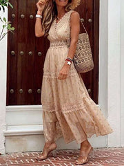 Sexy V neck Sleeveless Lace Gored Maxi Dresses