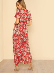 Button Up Shirred Waist Floral Maxi Dress