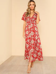 Button Up Shirred Waist Floral Maxi Dress