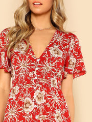 Button Up Shirred Waist Floral Maxi Dress