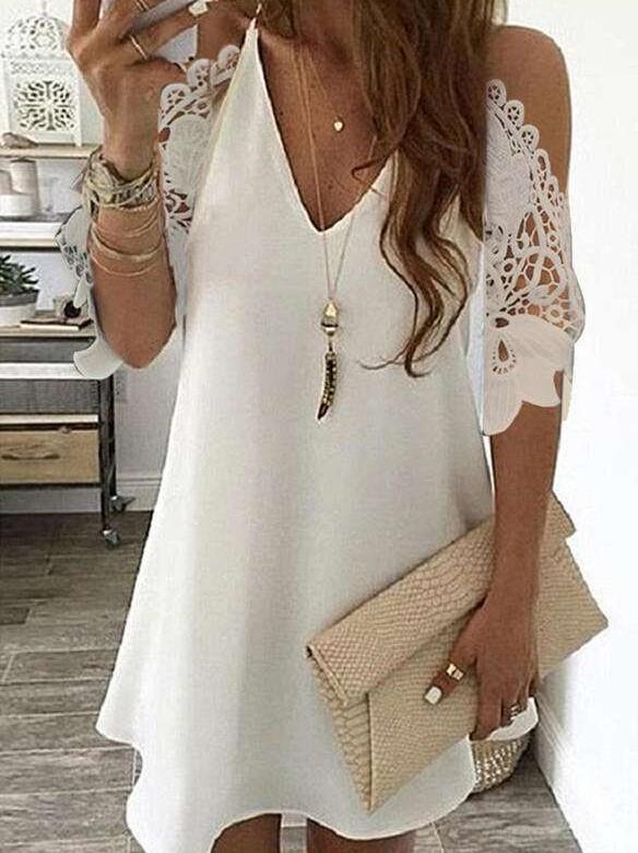 Sexy Lace Pure Off shoulder V neck Half sleeve Shift Dresses