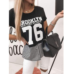 Fashion Plaid Gored Short sleeve Round neck T-Shirts