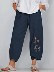 Casual loose cotton and linen embroidered wide-leg long pants